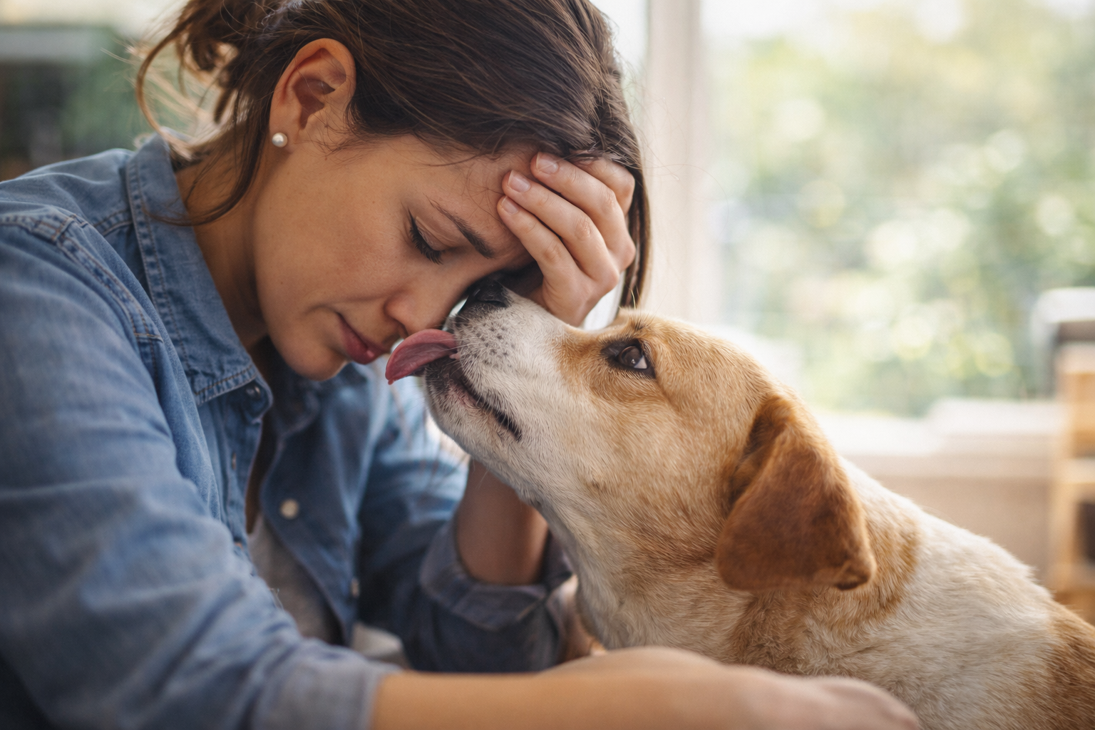 Can dogs sense stress from their owners – dog comforting stressed woman at home