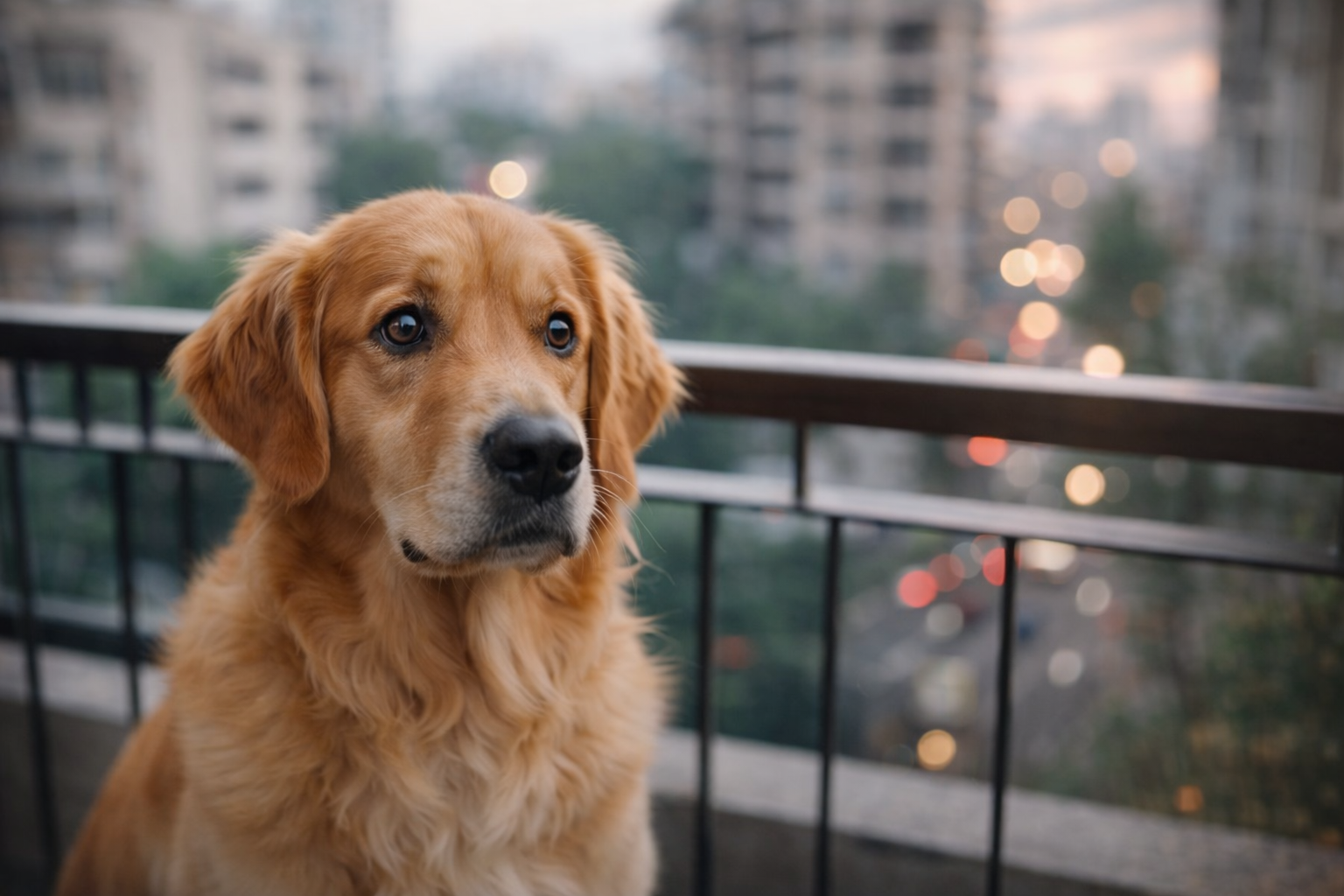 Indian city dog sitting on an apartment balcony, representing rising urban dog anxiety and stress in modern pet life